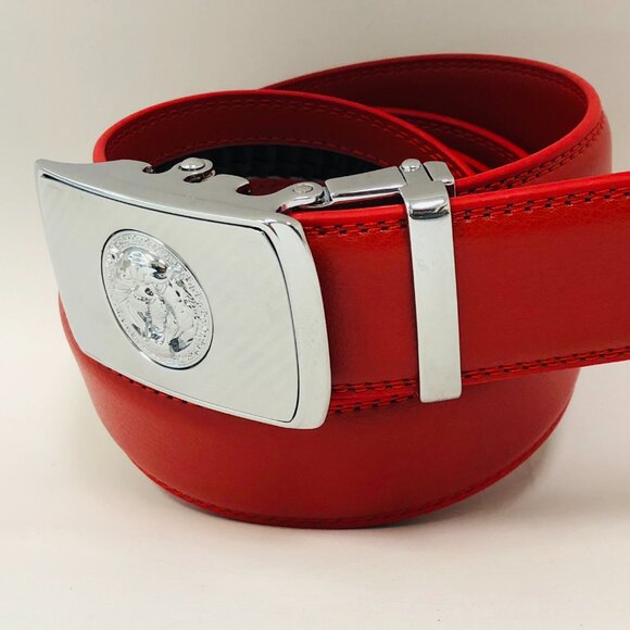 Red Belt Men’s Women Genuine Leather Ratchet Dress Belt With Automatic Buckle - Picture 2 of 3